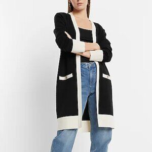 EXPRESS Tipped Shoulder Novelty Button Pocket Cardigan in Black/Cream Size M